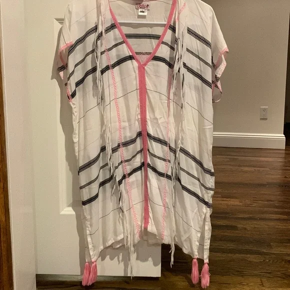 Women’s Chach Beach V-Neck Cover Up With Pink Tassels and White Fringe Size S - Picture 1 of 8